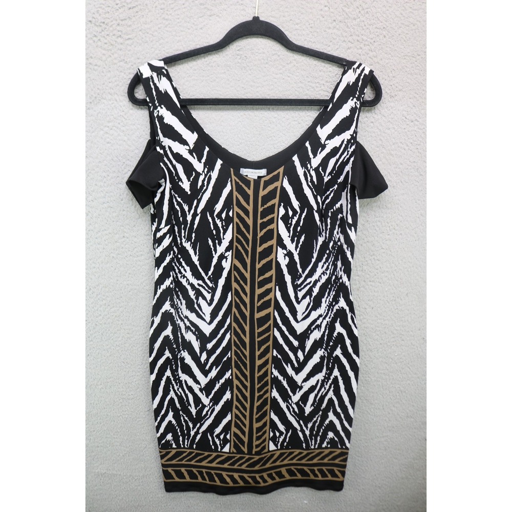 Boston Proper Silky Cold Shoulder Zebra Print Shift Dress-Med.-Preppy-Old Money